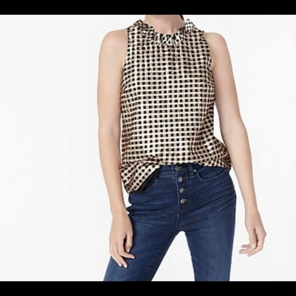 New J.crew Ruffleneck sleeveless top in Lurex crinkle gingham size XL AU288